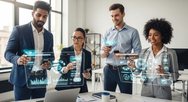 Four business professionals working together in an office setting.