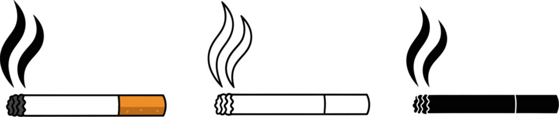 Smoking cigarettes illustration icons, featuring vector cigarette shapes, showcasing tobacco addiction and associated health hazards.