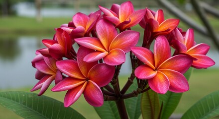 Obraz premium Photo of beautiful pink and orange plumeria flowers blooming in a garden