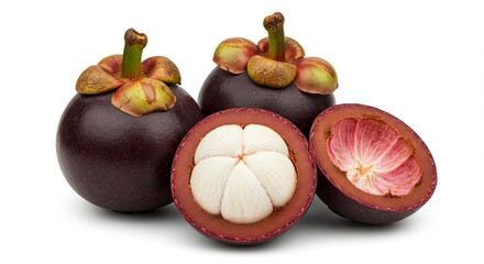 Fototapeta premium Photo of mangosteen fruits and cross section isolated on white background