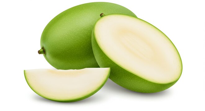Photo of fresh green mango fruit with slices isolated on white background