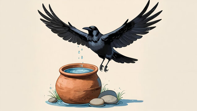 The thirsty crow from Aesop's fable solves a problem, using a pebble to raise the water level in a clay pot to drink.