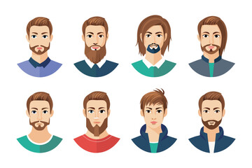 Facial Features: A set of illustrations showcasing a range of diverse male faces, each with unique hairstyles and facial hair, offering a glimpse into varied appearances and grooming styles.