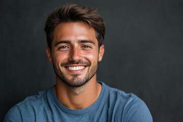 Obraz premium Confident Male Model in Blue Shirt Smiling on Alpha Background