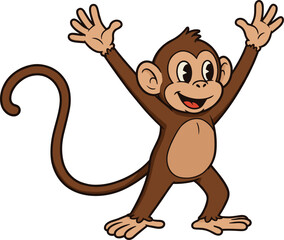 Cute cartoon monkey standing with arms raised, happy face, brown fur, funny expression, playful pose, jungle animal, isolated character