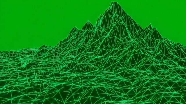 3d polygonal lowpoly mountain with futursitic topology neon line on green screen