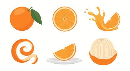 Orange Fruit Set: Fresh, Sliced, and Peeled Vector Illustrations