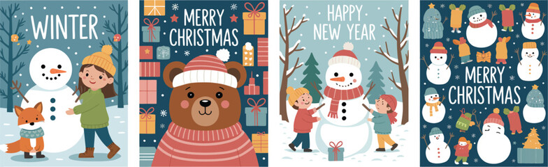 Fototapeta premium Merry Christmas and Happy New Year Vector – Cute Family, Animals, Snowman Characters for Winter Holidays, Festive Card, Background, Poster, Celebration, Joyful Seasonal Illustration