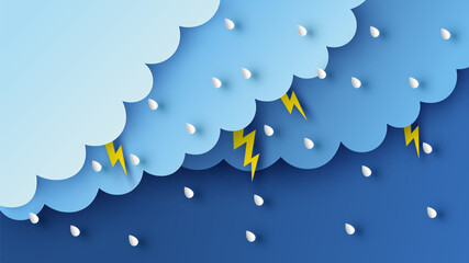 Illustration of Cloud and rain on dark background. heavy rain, rainy season, paper cut and craft style. vector, illustration.