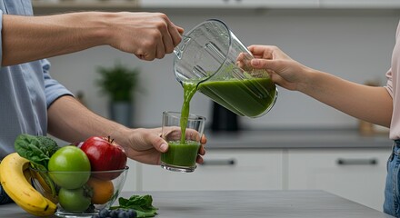 Vibrant Green Smoothie Pour: Healthy Lifestyle in Modern Kitchen Setting