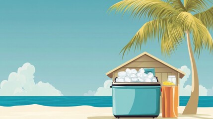 A refreshing beach scene showcases a cooler filled with ice, a beverage container, and a palm tree, evoking a summer vibe with a coastal landscape and clear blue sky.