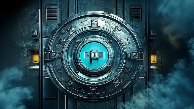 Futuristic vault door with glowing blue center surrounded by clouds, suggesting mystery and security