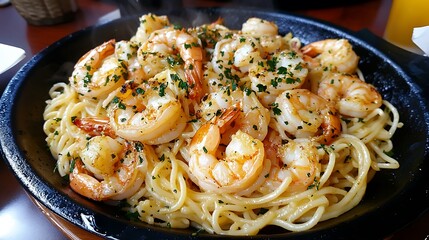 A sizzling plate of shrimp scampi with garlic butter