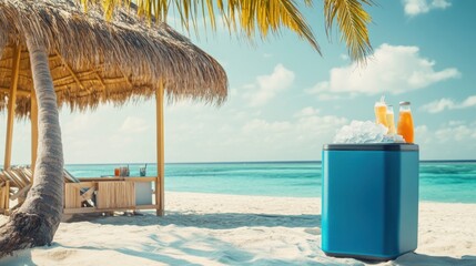 Beachside refreshment awaits with a blue cooler filled with ice and chilled drinks, set against a backdrop of a tropical beach with palm trees and turquoise water.