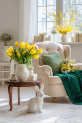 Bright yellow tulips vase enhance cozy living room with soft armchair, books, and decorative