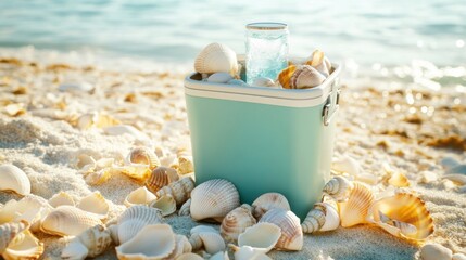 A refreshing drink sits in a cooler surrounded by seashells on a sandy beach, evoking summer vibes and coastal relaxation, perfect for travel and vacation themes.