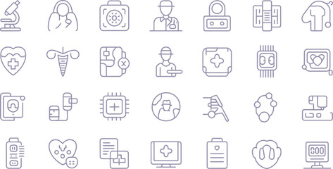 A collection of medical and technology related outline icons on a light background