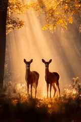 Two deer standing in sunlit forest with golden autumn leaves, creating serene atmosphere