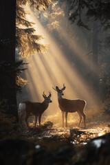 Majestic deer in serene forest, illuminated by soft sunlight filtering through trees
