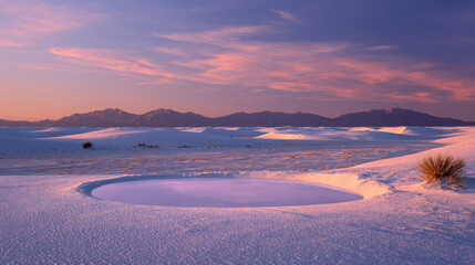 Serene landscape featuring circular pool surrounded by white sand dunes under colorful sky