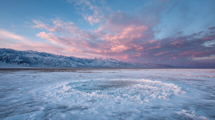 Stunning winter landscape featuring snow covered mountains under colorful sky at sunset
