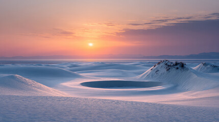 Serene landscape featuring vast expanse of white sand dunes colorful sunset, with circular