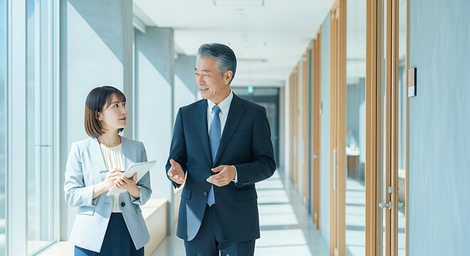 オフィス廊下を歩きながら話す上司と部下