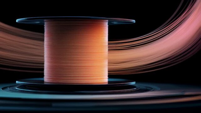 Spool of filament unwinds, creating a colorful, luminous stream against a dark background, symbolizing innovation in 3d printing technology