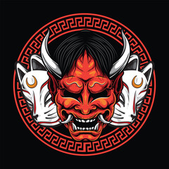 japanese oni mask and kitsune mask illustration