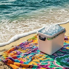 Cooler filled with ice sits on a colorful beach towel near the ocean, evoking summer vibes and relaxation for picnics, beach days, and outdoor adventures.