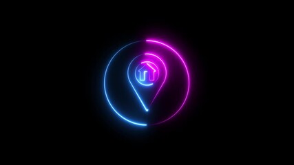 Glowing neon location in home icon. GPS track address place search direction icon. map pointer with house icon. glowing neon home location marker symbol on black background.