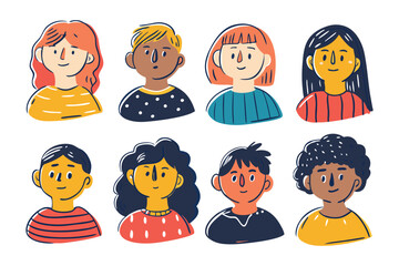 A diverse group of illustrations: A collection of stylized headshots, each representing a unique individual with varied hair colors, skin tones, and facial expressions, conveying a sense of diversity.