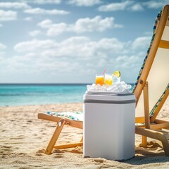 Beach cooler with refreshing drinks on ice, perfect for a summer vacation by the ocean, featuring a deck chair and a sunny sky for a relaxing tropical getaway.
