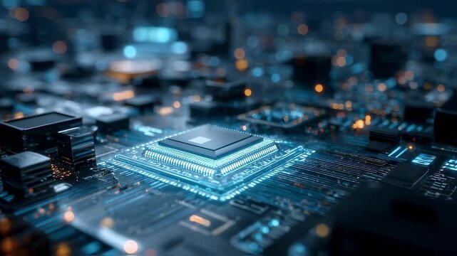 Close up view of a cpu processing data on a motherboard, illuminated by glowing blue lights, showcasing the intricate details of modern computing and representing innovation in technology - Powered by Adobe