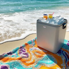Beach cooler filled with ice and colorful drinks sits on a vibrant towel near the ocean, perfect for summer vacation, picnics, and outdoor refreshment under the sun.