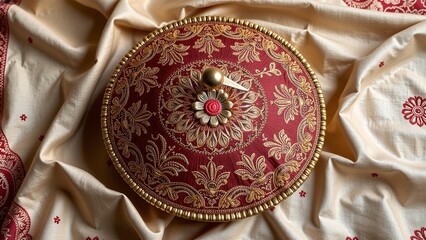 Embroidered fabric decorative protection, traditional design, festive covering, cultural accent, elegant drape, ornate textile.