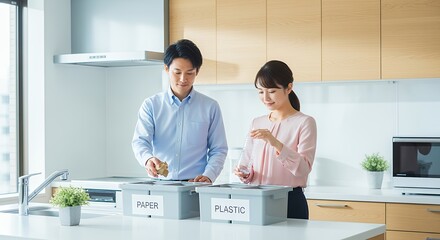 家庭でゴミの分別をする若い男女