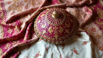Embroidered fabric decorative protection, traditional design, festive covering, cultural accent, elegant drape, ornate textile.