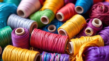 Colorful spools vibrant fibers, creative material, artistic medium, textural element, crafting essential, rich palette.