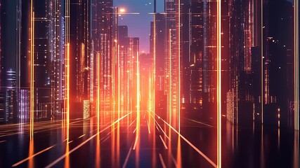 Futuristic cityscape with glowing lights and vertical lines, showcasing a vibrant urban atmosphere - Powered by Adobe