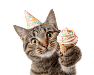 Tabby cat with cone and party hat
