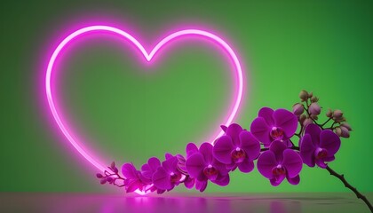 A neon heart with purple orchids against a green background in a romantic floral arrangement