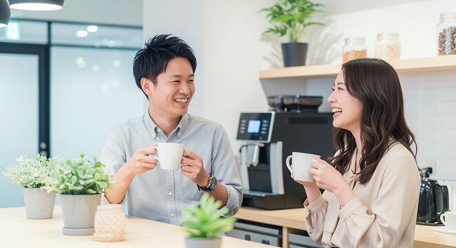オフィスの休憩室でコーヒーブレイク