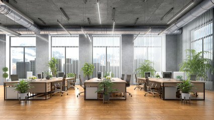 Open office with view from a large windows interior. 3d illustration