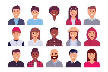 Diverse Avatar Set: A collection of diverse and expressive avatar icons, showcasing a variety of hairstyles, skin tones, and clothing styles, ideal for website design, user profiles.