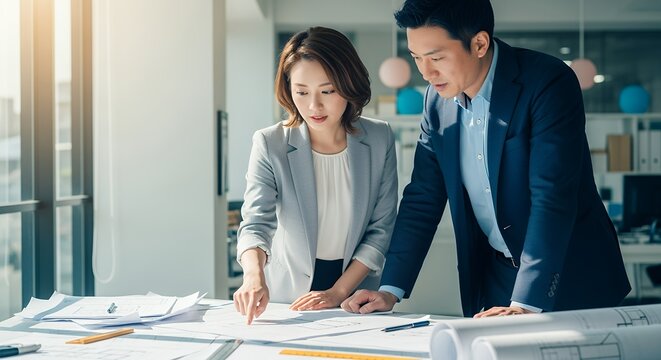 設計図を確認しながら会議する建築家
