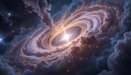 Vast Cosmic Galaxy with Bright Center and Surrounding Clouds in Deep Space