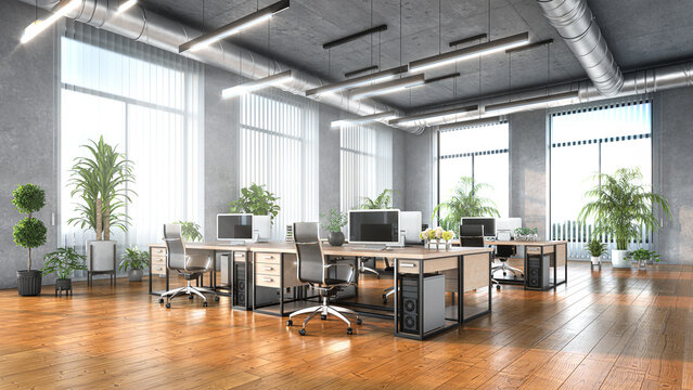 Open office with view from a large windows interior. 3d illustration