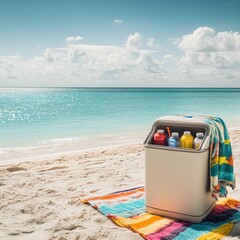 A portable cooler filled with colorful drinks sits on a vibrant beach towel by the ocean, offering a refreshing break during a sunny day at the beach with clear skies.