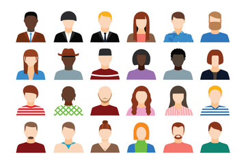 Diverse Avatar Set: A collection of diverse flat-design avatar icons representing various ethnicities, hairstyles, and genders, perfect for user profiles or website design.